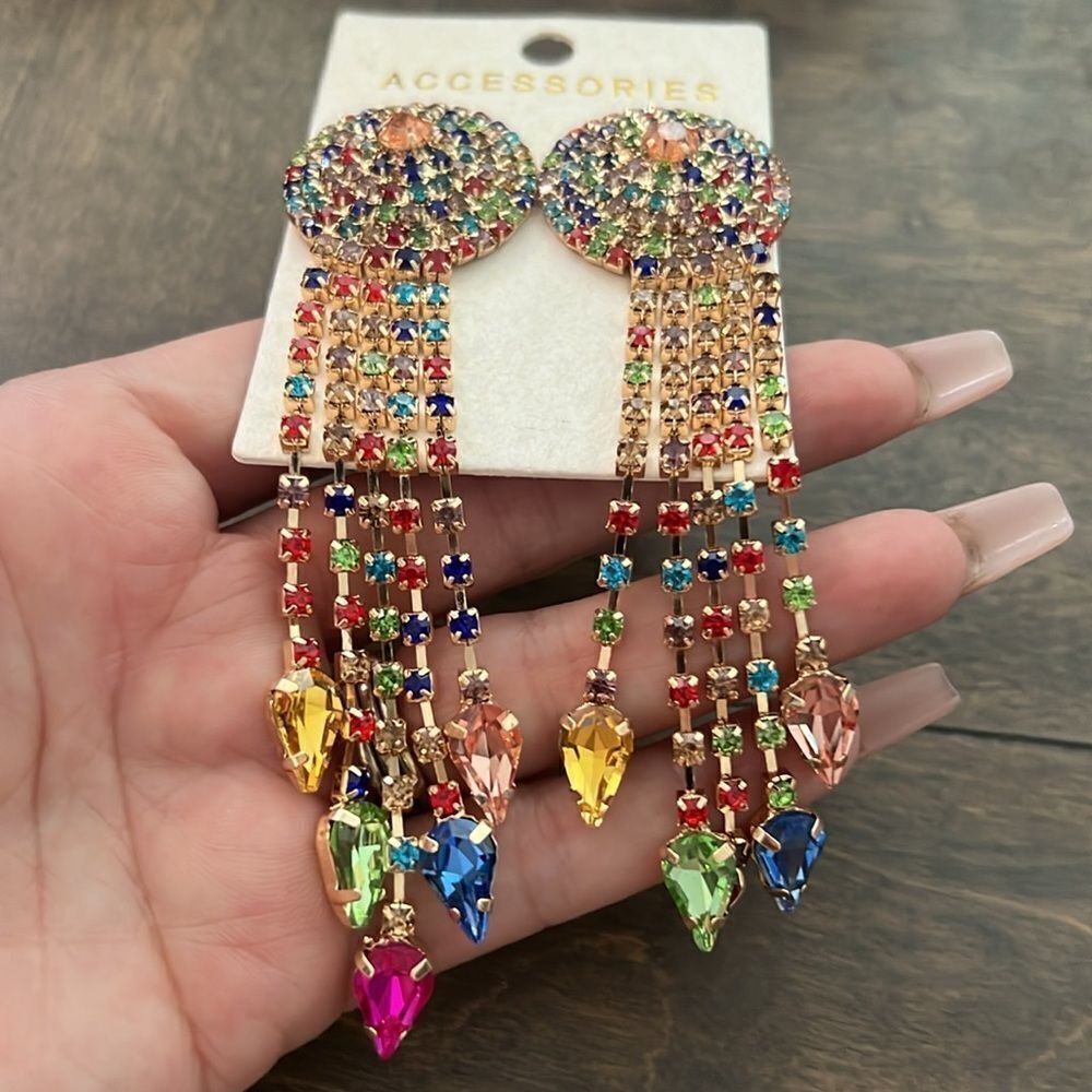 New Sphere Multi Rainbow Chandelier Dangle Arrow Fringe Sterling Silver Earrings - Picture 5 of 10